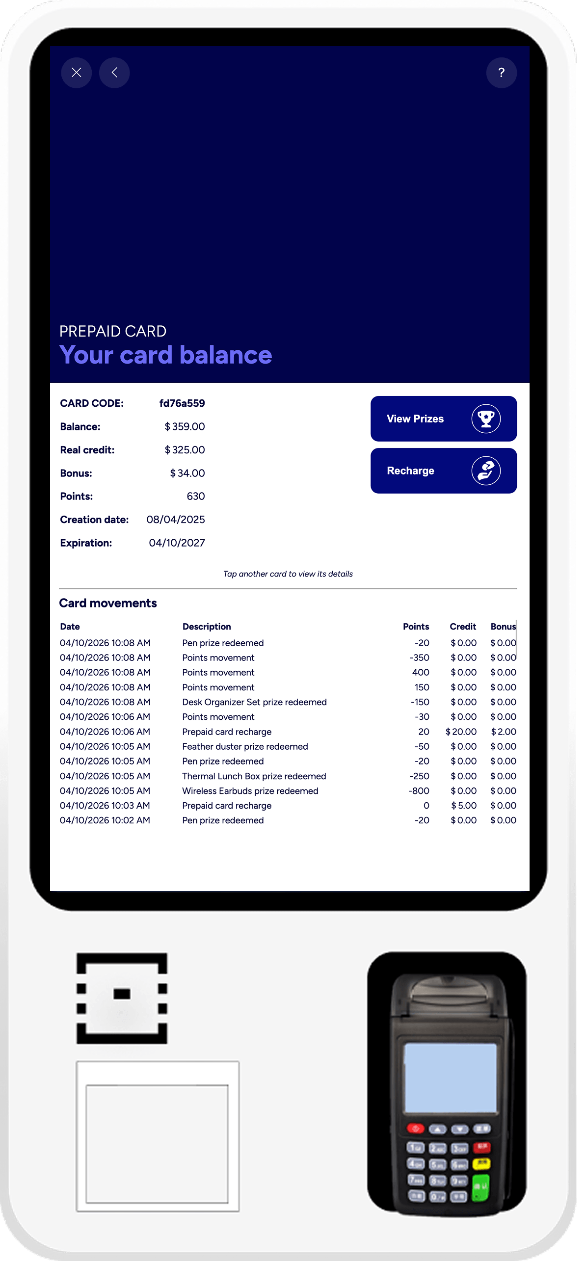 SmartBowl Kiosk Prepaid Card Balance page with card details, movements history and recharge/prizes actions