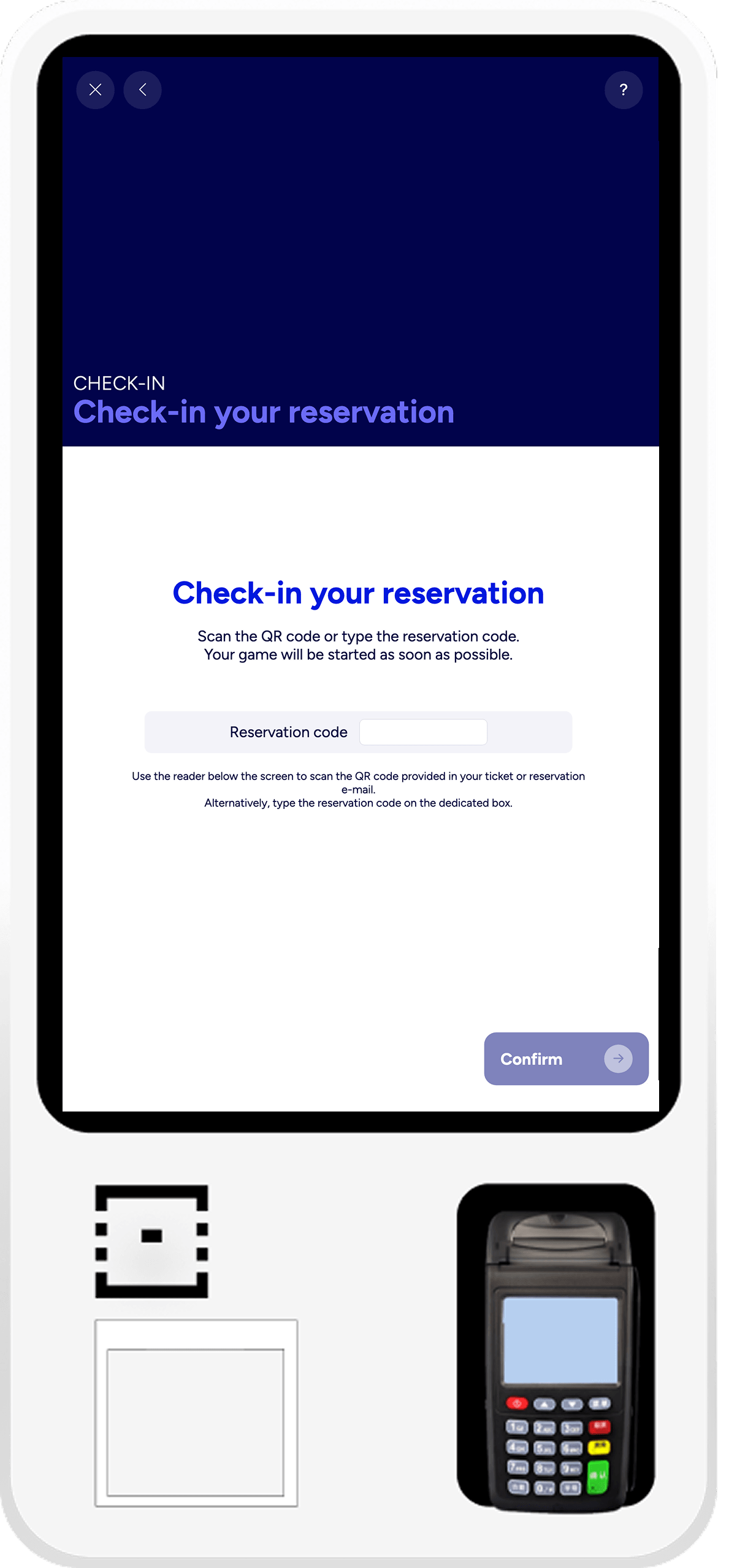 SmartBowl Kiosk Check-in page with QR scan, reservation code input and completion confirmation