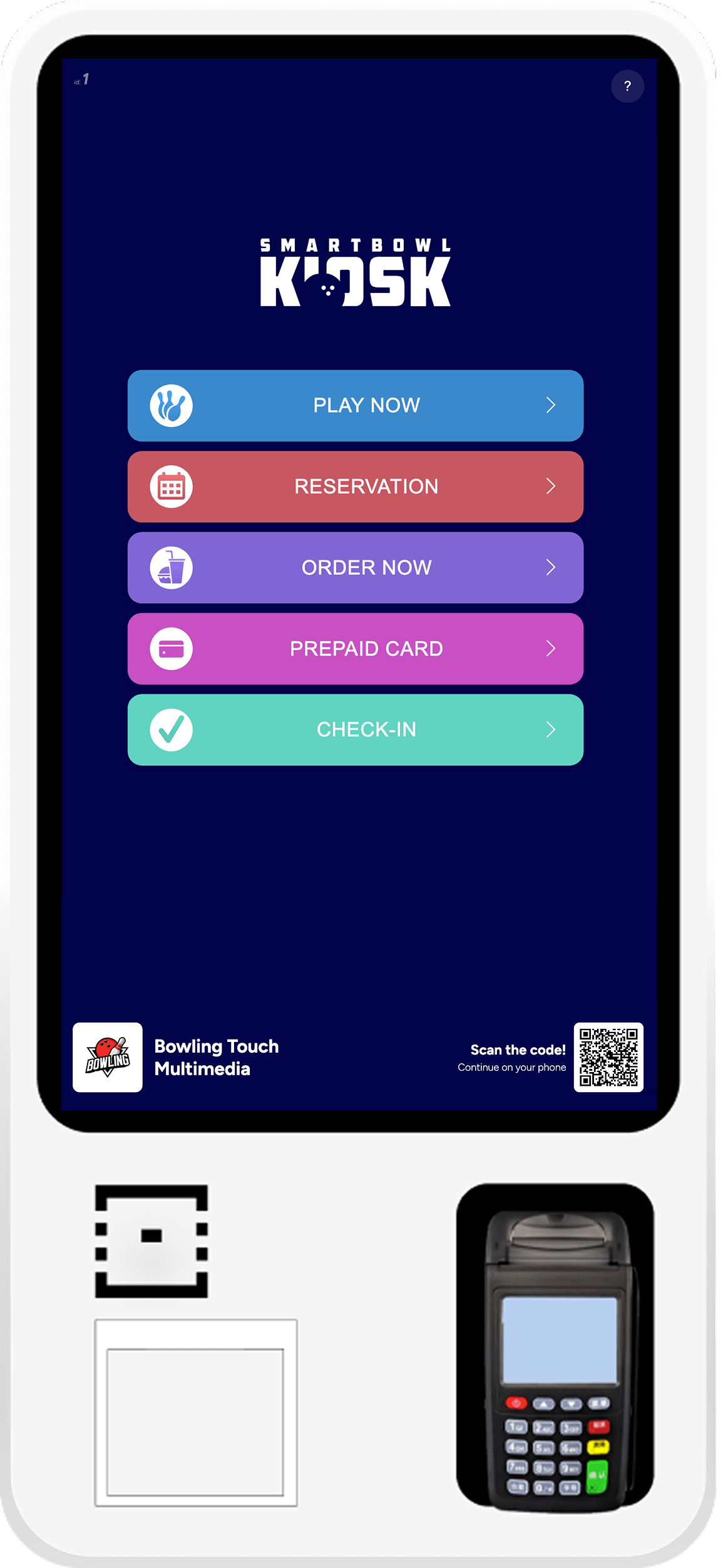 SmartBowl Kiosk totem home screen with five service buttons and QR code to continue on mobile