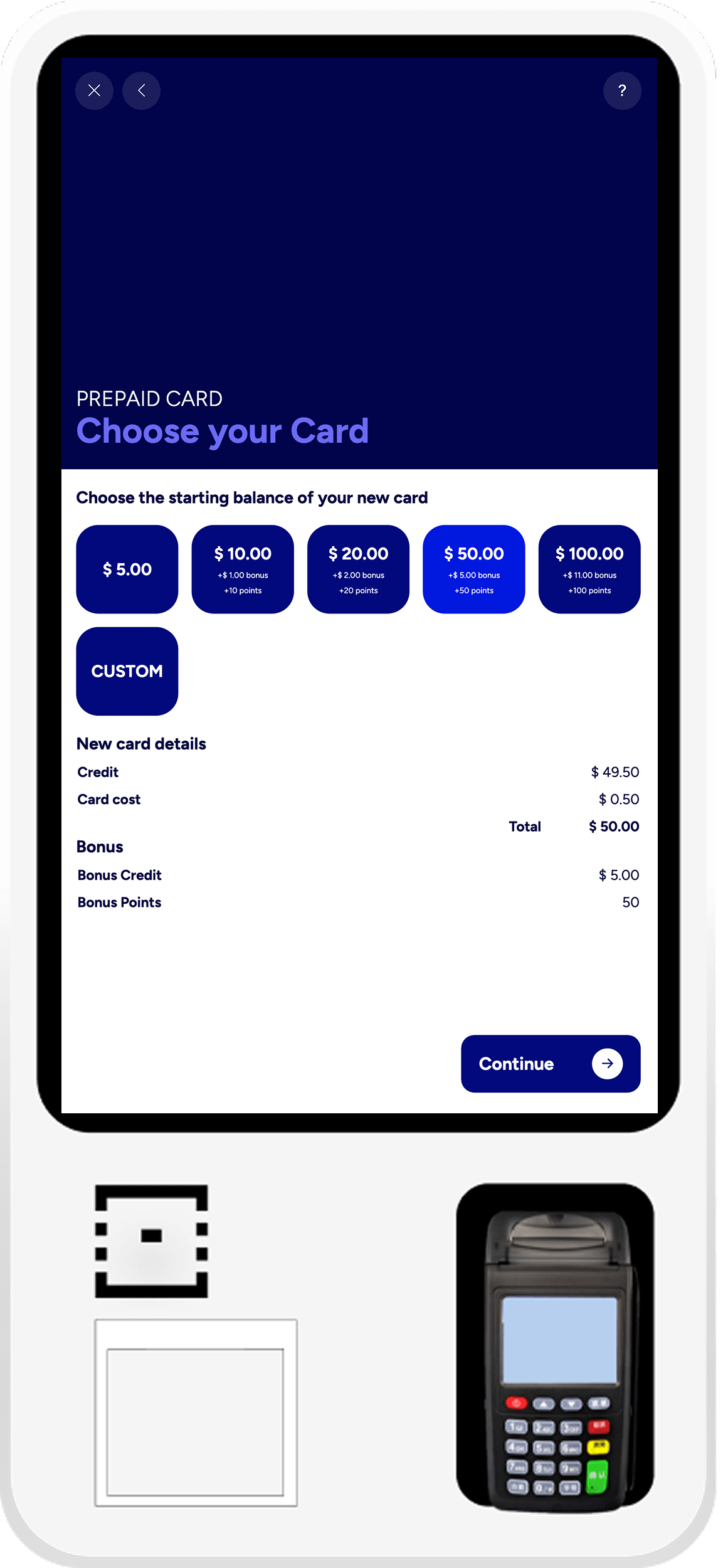 SmartBowl Kiosk New Prepaid Card flow with preset amounts, custom amount and activation summary