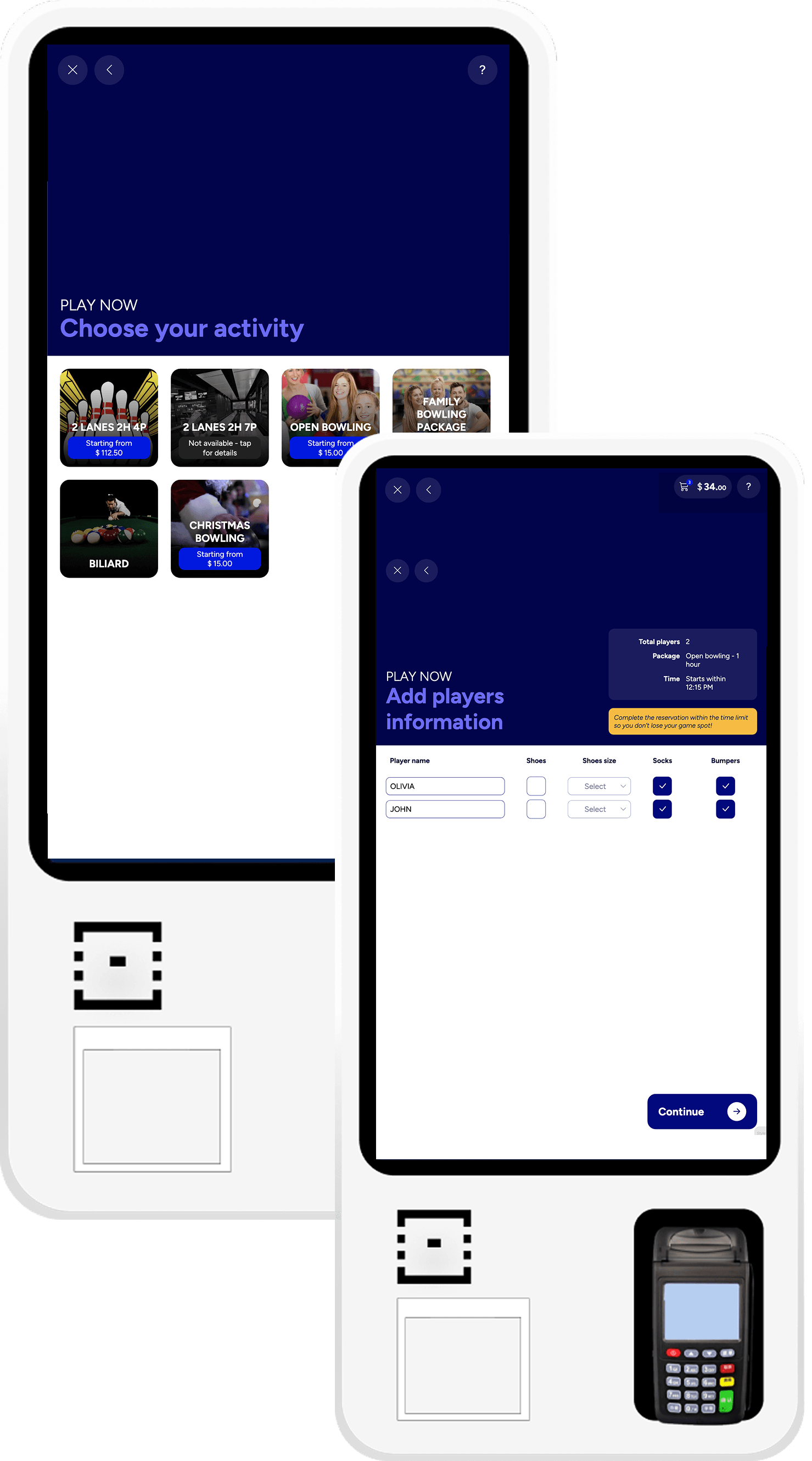 SmartBowl Kiosk Play Now flow with activity grid, duration selector and cart review