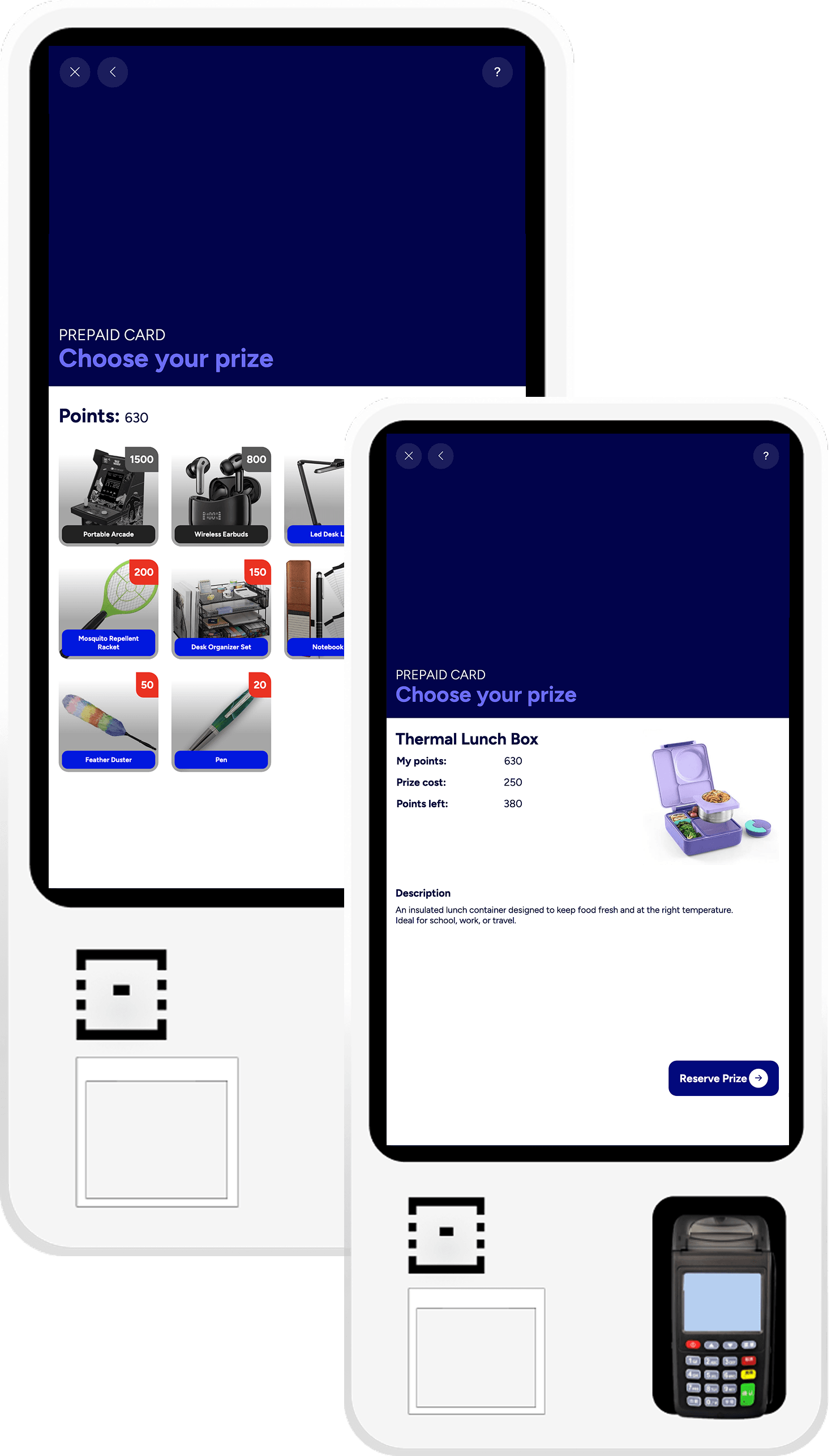 SmartBowl Kiosk Prize catalogue with grid of rewards, points required and reservation detail