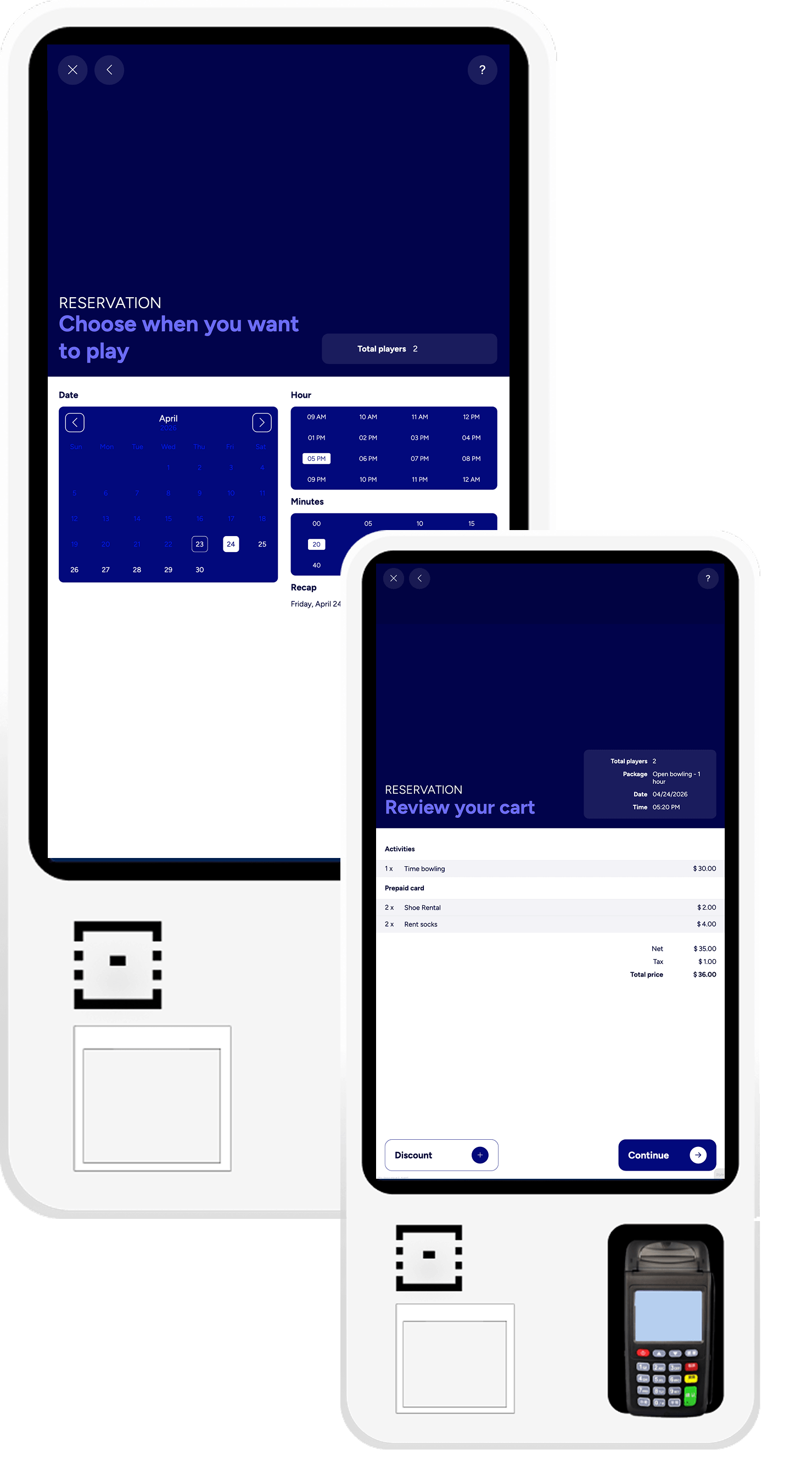 SmartBowl Kiosk Reservation flow with calendar, player counters and contact form