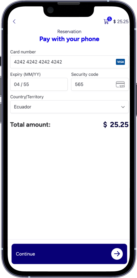 SmartBowl Online Reservation payment page with credit card fields, supported card circuits and total amount