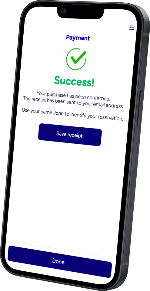 SmartBowl Online Reservation success page with green checkmark, email confirmation and Save receipt button