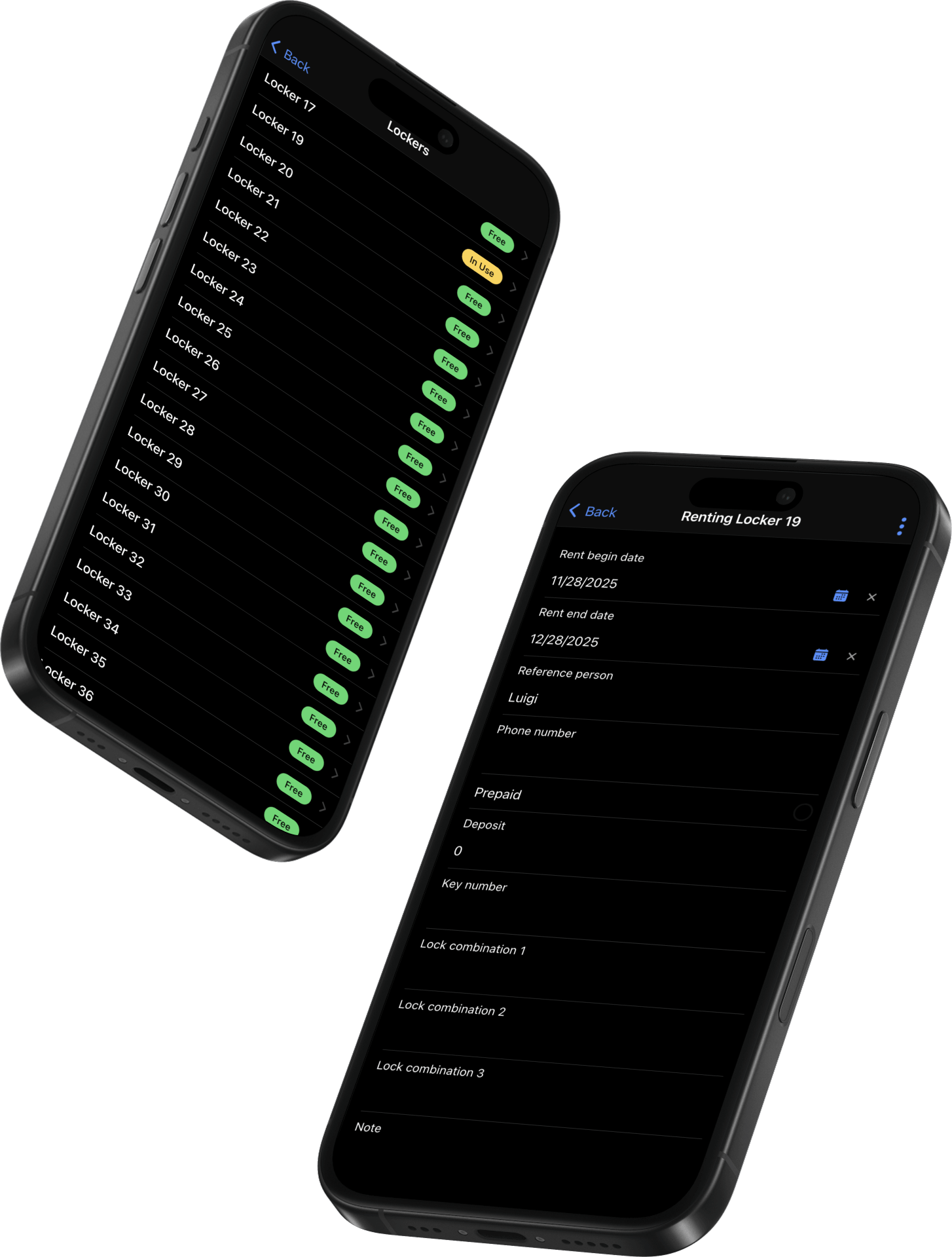 SmartBowl Remote Control lockers list and rental form screens