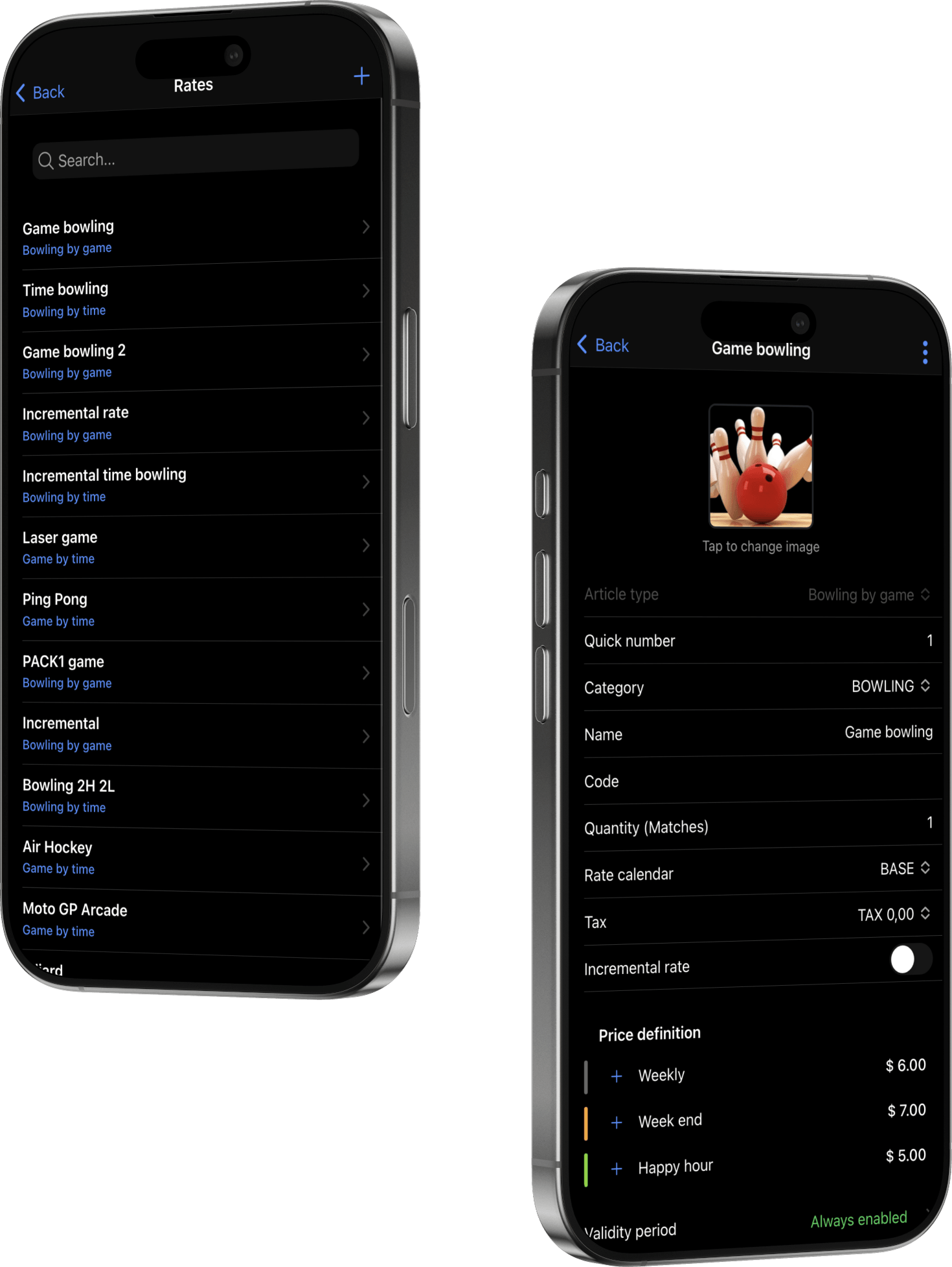 SmartBowl Remote Control rates list and rate detail screens with cost intervals configuration