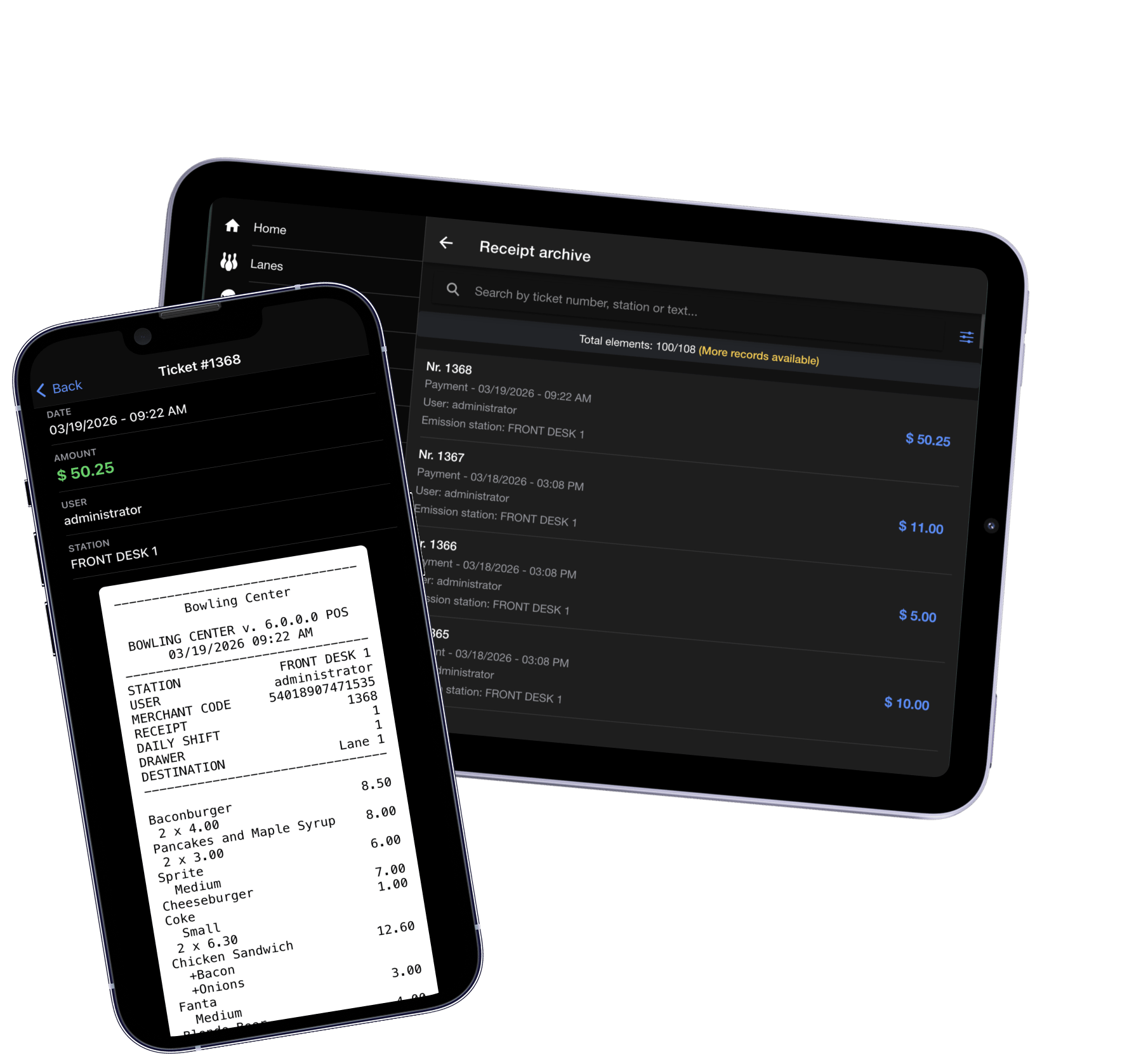 SmartBowl Remote Control receipts archive with list and fiscal receipt detail