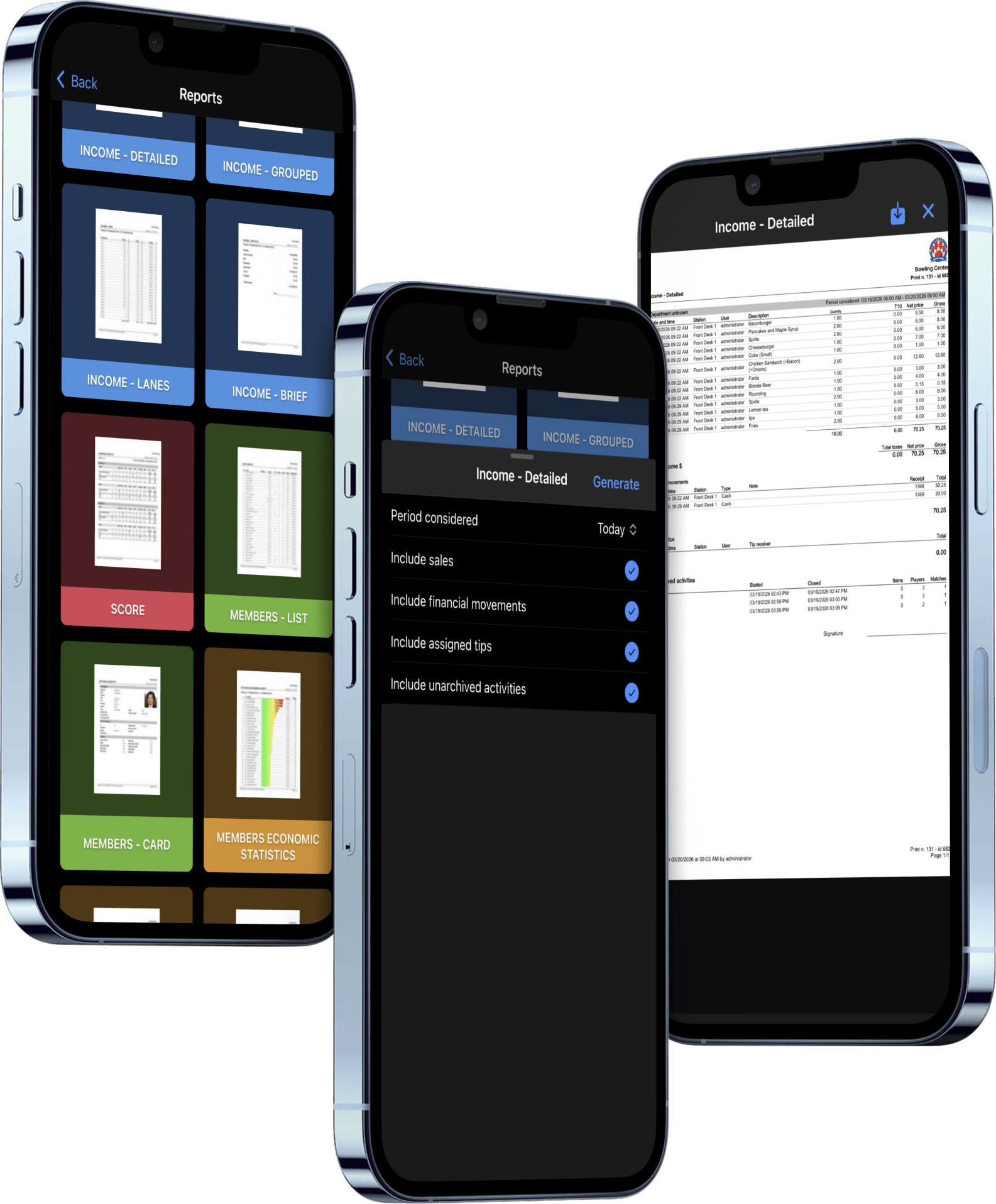 SmartBowl Remote Control reports library grid on desktop and generated PDF report preview on phone