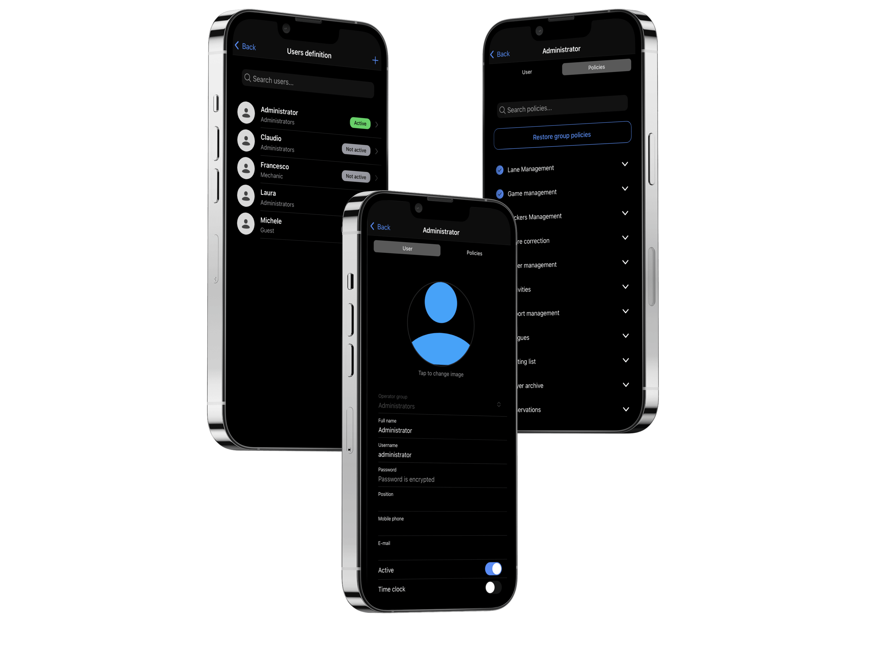 SmartBowl Remote Control user management with operator list, profile tab and policies tree
