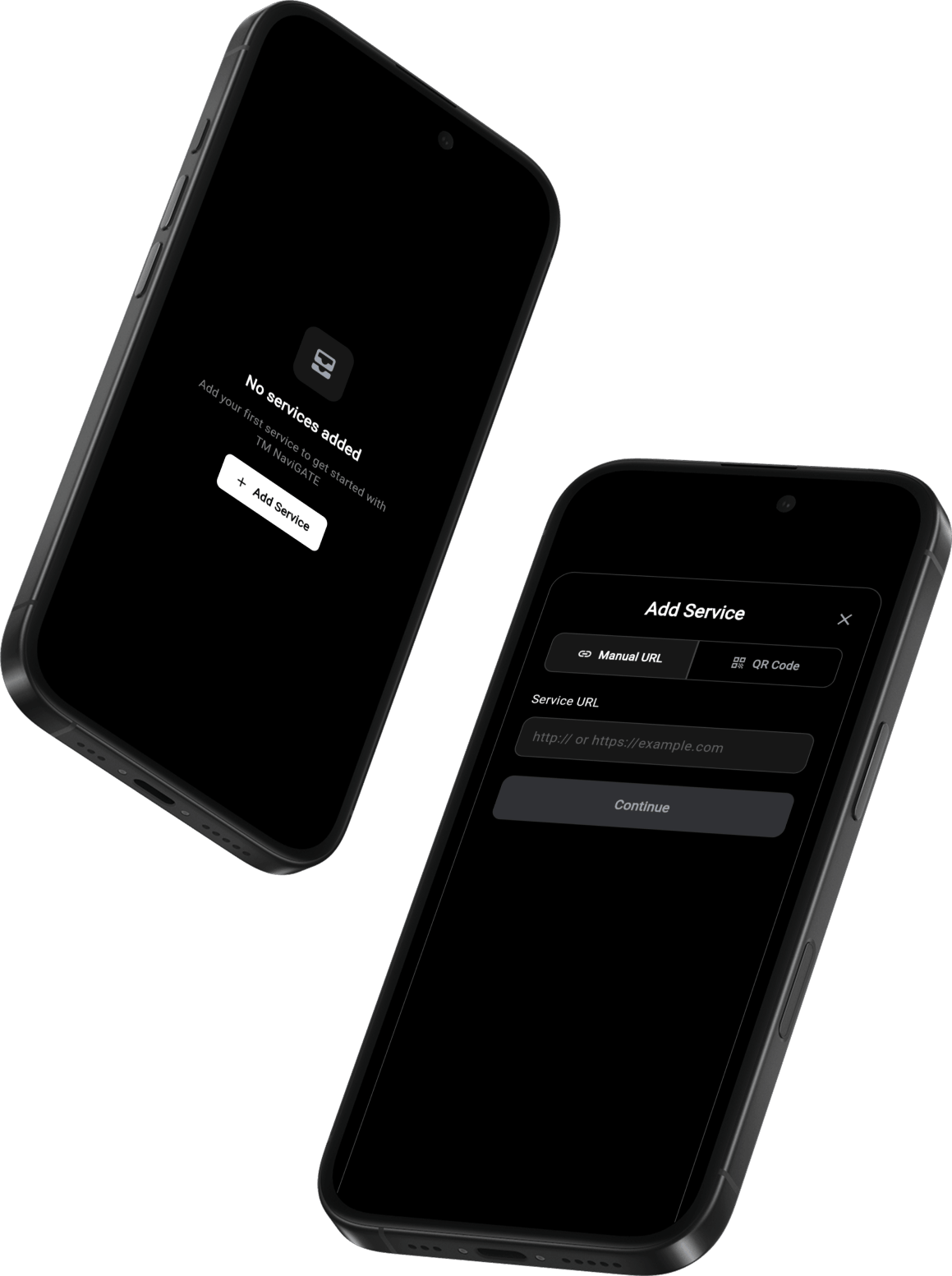 TM NaviGATE modal to add a service with URL input and QR code scanner