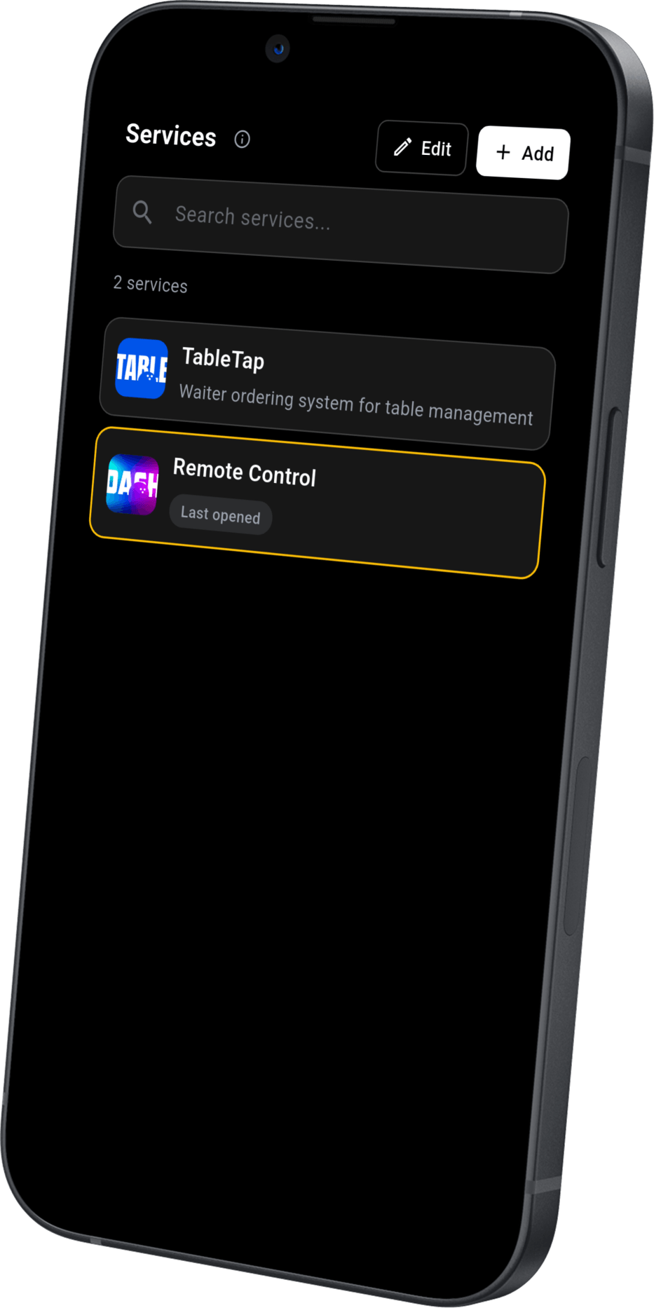 TM NaviGATE launcher screen with configured web services, search bar and Add button