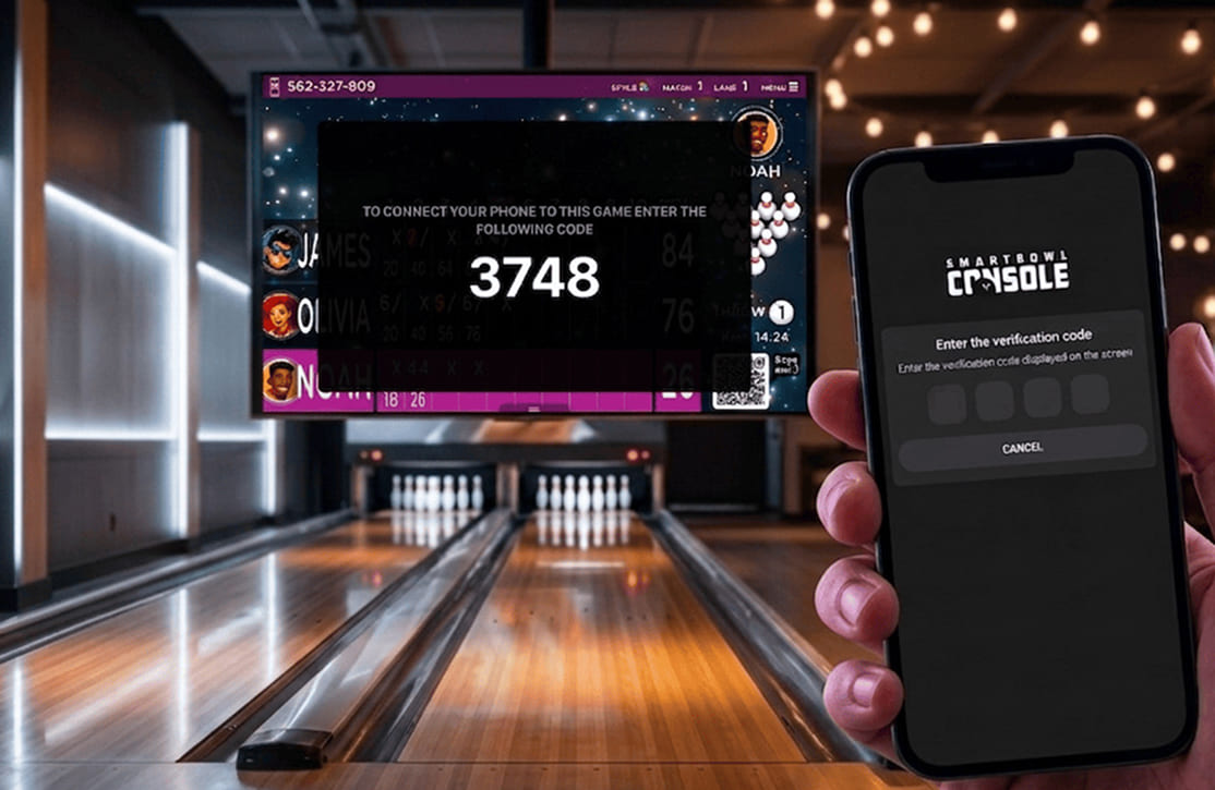 SmartBowl Web Console pairing flow on two phones: game code entry and verification code entry