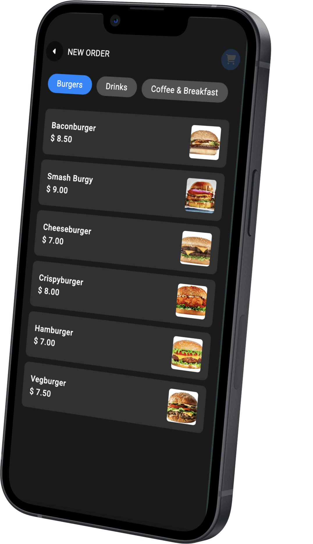 SmartBowl Web Console new order screen with menu categories and items with photo and price