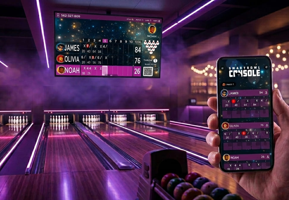 SmartBowl Web Console live score screen with player scorecards on two phones