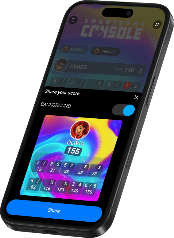 SmartBowl Web Console share your score modal with player scorecard and Share button